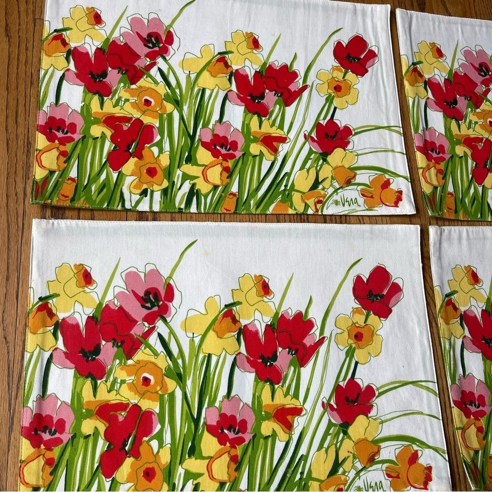 Vintage Vera Neumann Daffodil Floral Placemats Set of 4 Reversible Solid Green